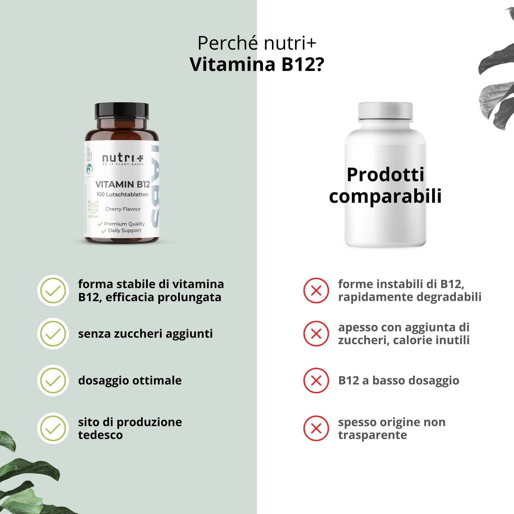 Confronto tra nutri+ Vitamina B12 e prodotti comparabili: Forma stabile, senza zuccheri aggiunti.