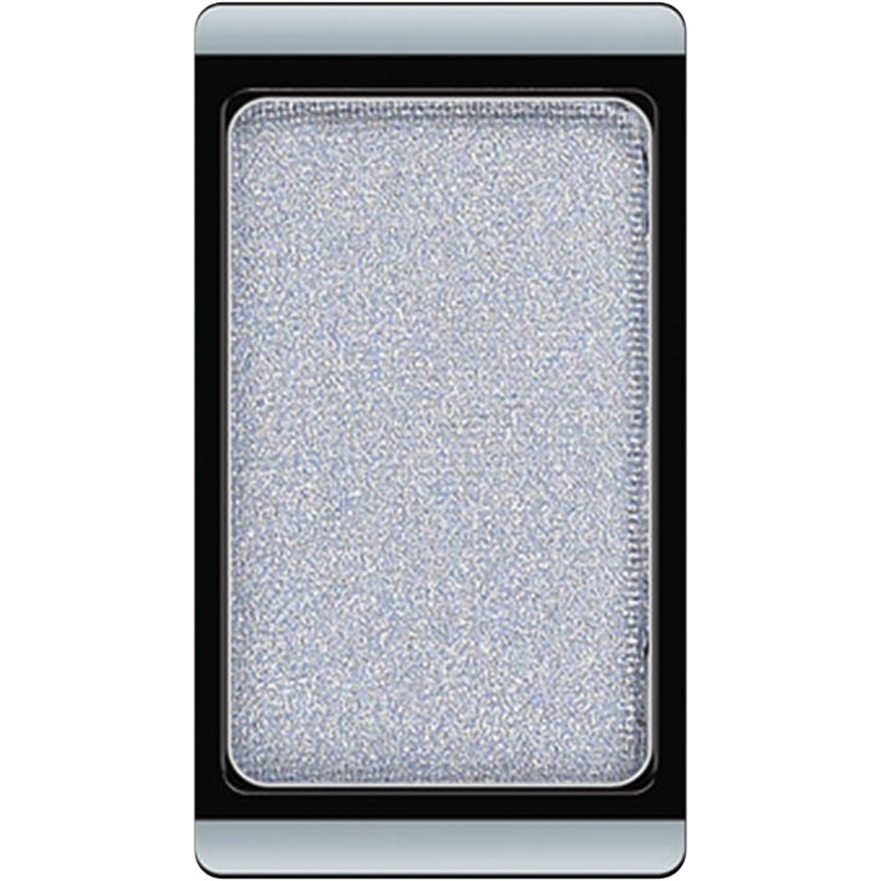 Ombretto argentato in un contenitore rettangolare. Cornice nera, coperchio argentato.