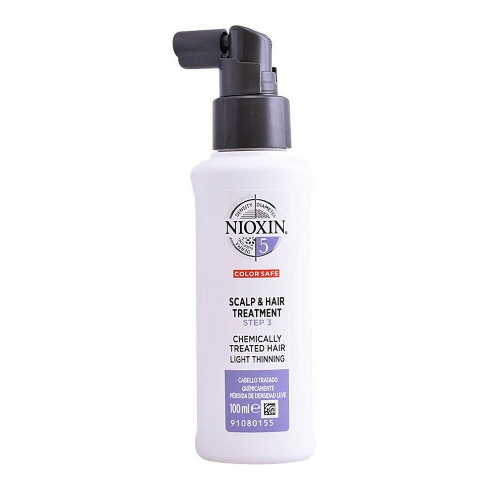 Flacone con erogatore nero. Scritta: Nioxin 5, Scalp & Hair Treatment, Step 3, Capelli trattati chimicamente, Light Thinning. 100ml.