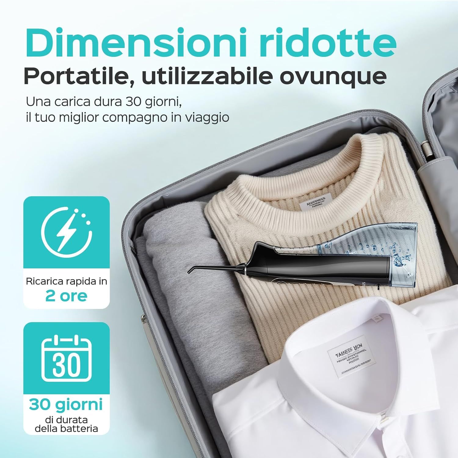 Idropulsore orale compatto in una valigia, circondato da vestiti. Ricarica rapida in 2 ore, autonomia 30 giorni.