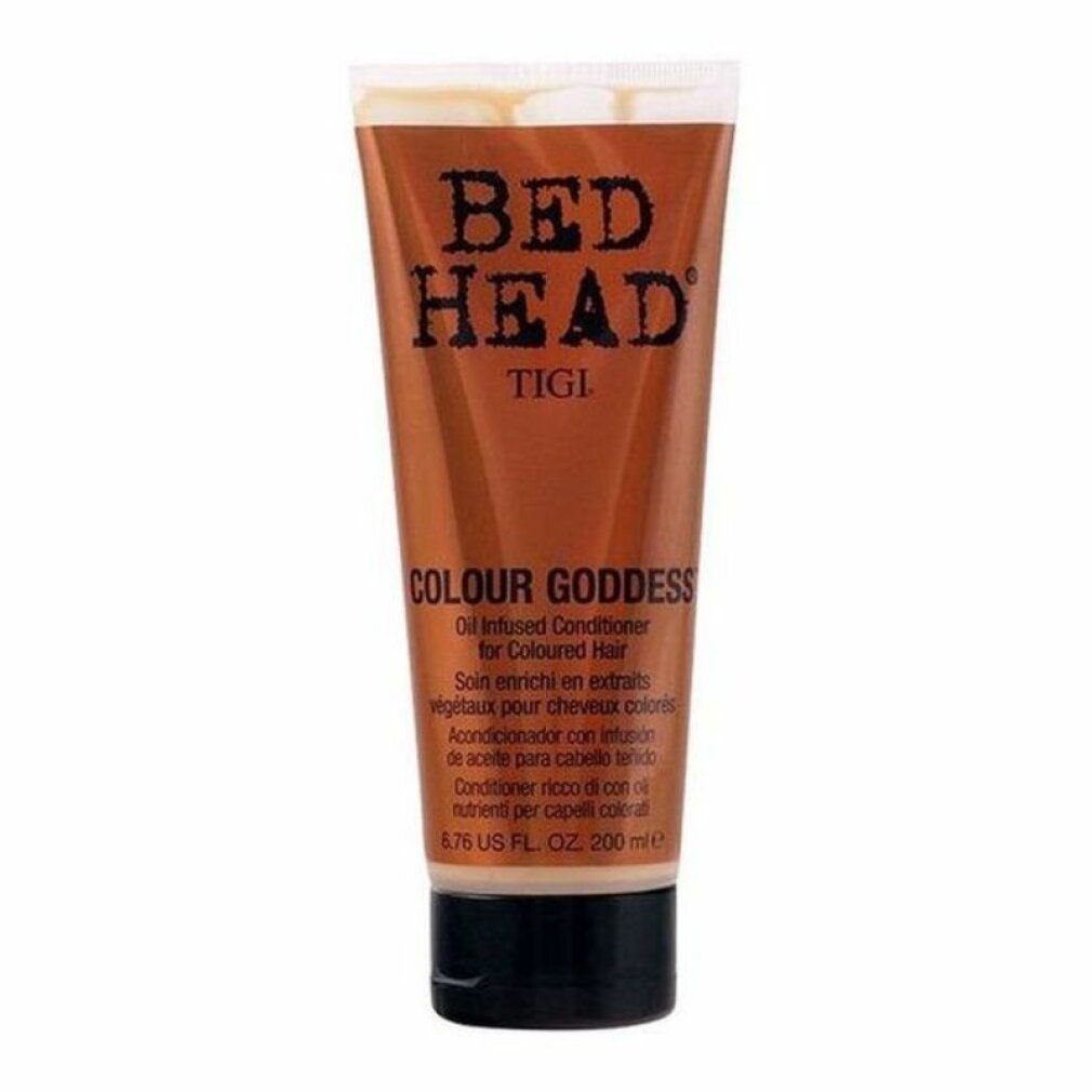 Tubo marrone con tappo nero. Scritte: BED HEAD, TIGI, COLOUR GODDESS. Testo multilingue.