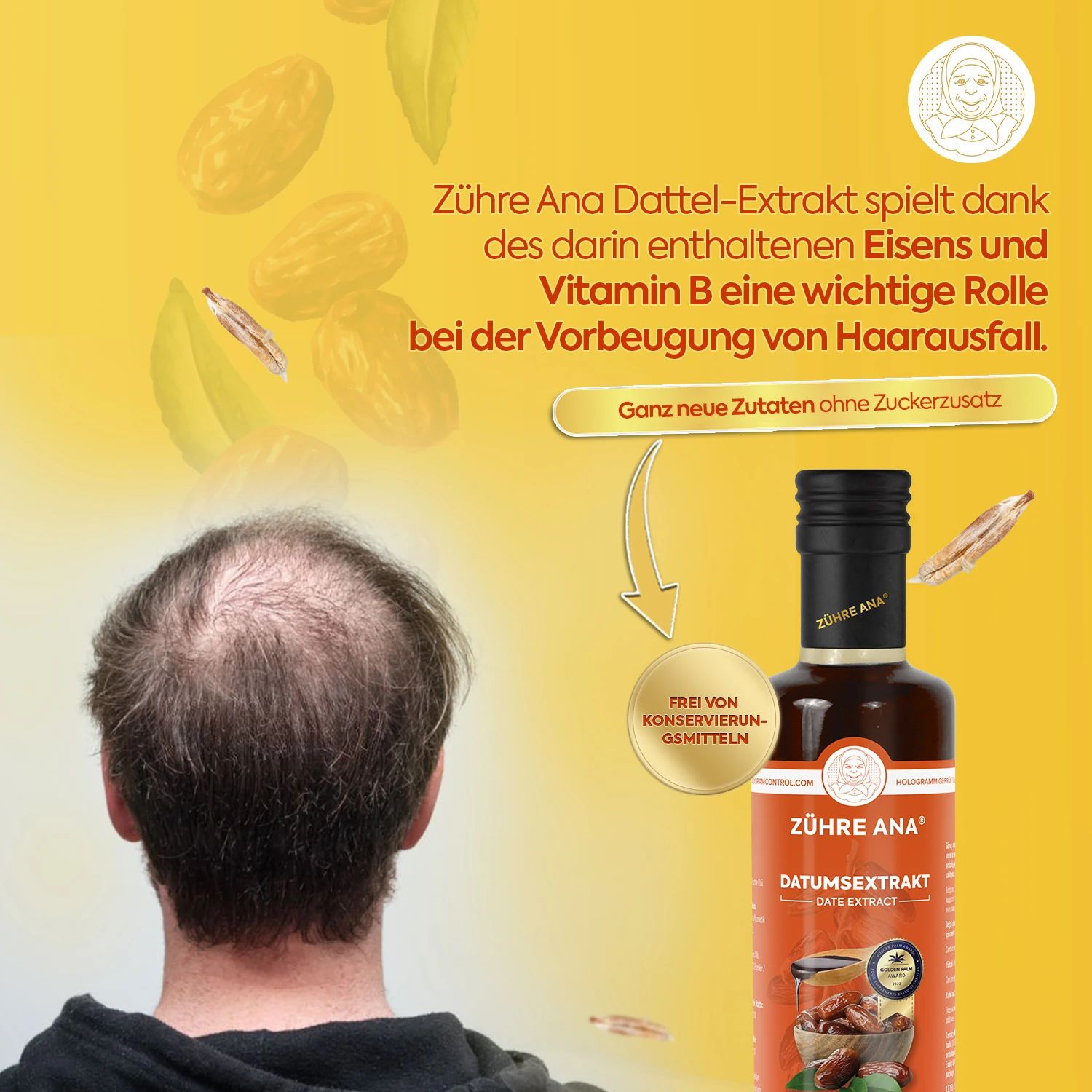 Bottiglia di estratto di datteri Zühre Ana davanti a uno sfondo con un uomo che soffre di perdita di capelli. Testo su ferro, vitamina B e prevenzione della caduta dei capelli.