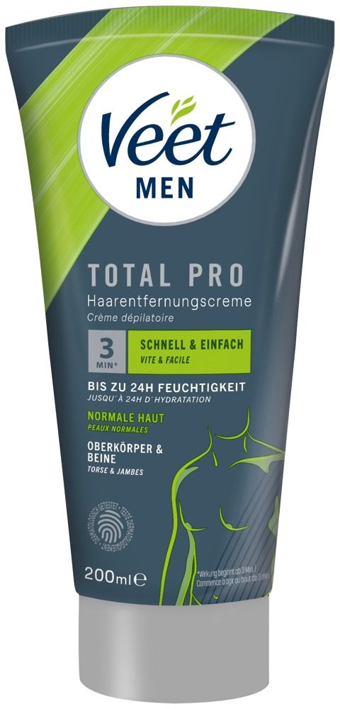 Tubo crema depilatoria Veet Men Total Pro, 200ml. Per pelli normali, torso e gambe.