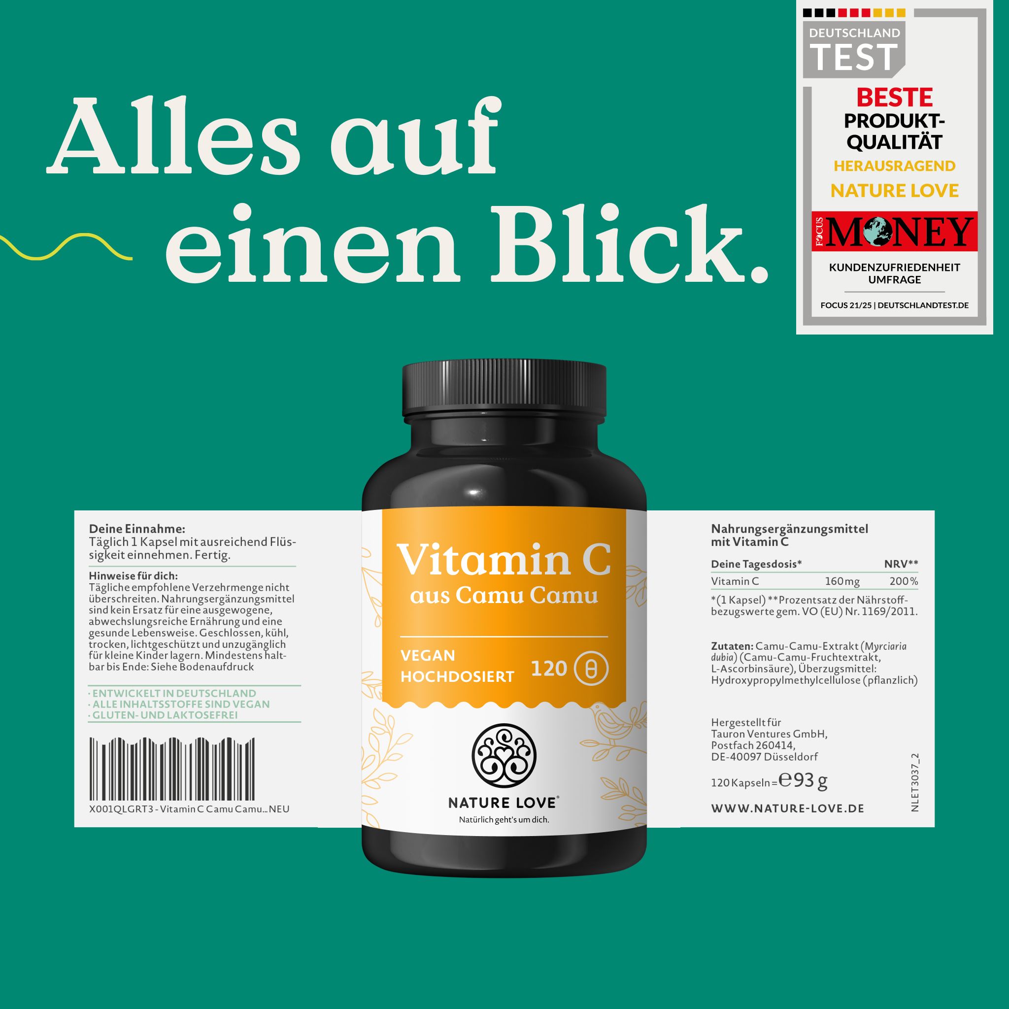 Flacone di Vitamina C da Camu Camu, etichetta con informazioni nutrizionali e sigilli di migliore qualità.
