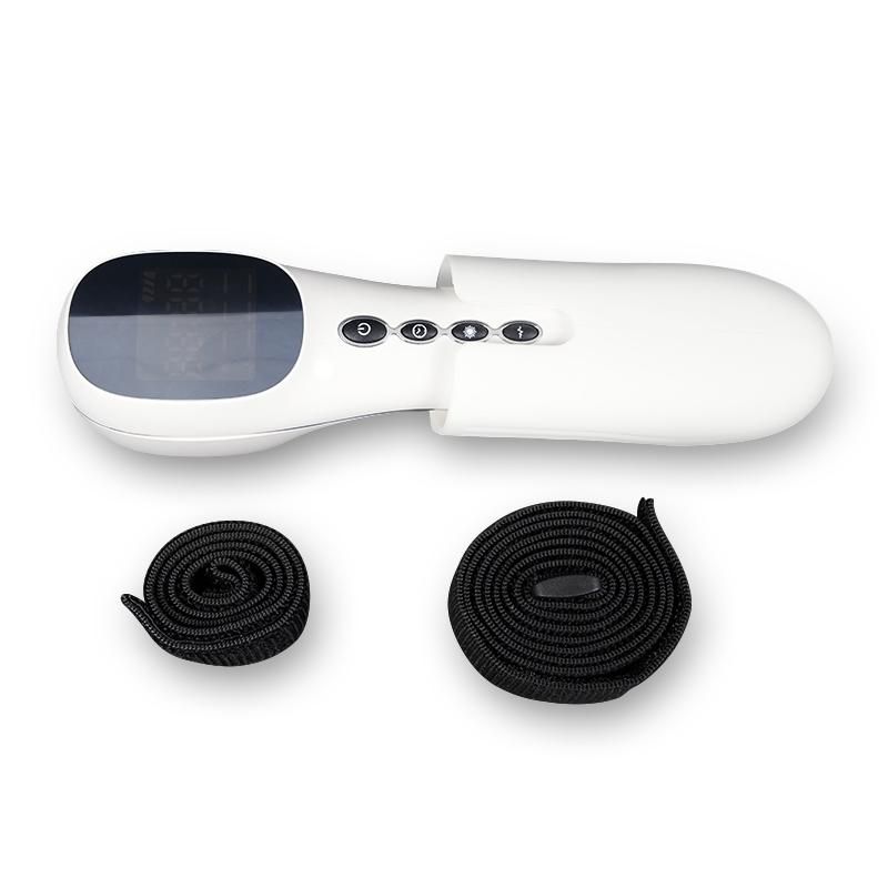 Dispositivo per laserterapia a basso livello con accessori. Due cinturini neri. Dispositivo in custodia bianca.