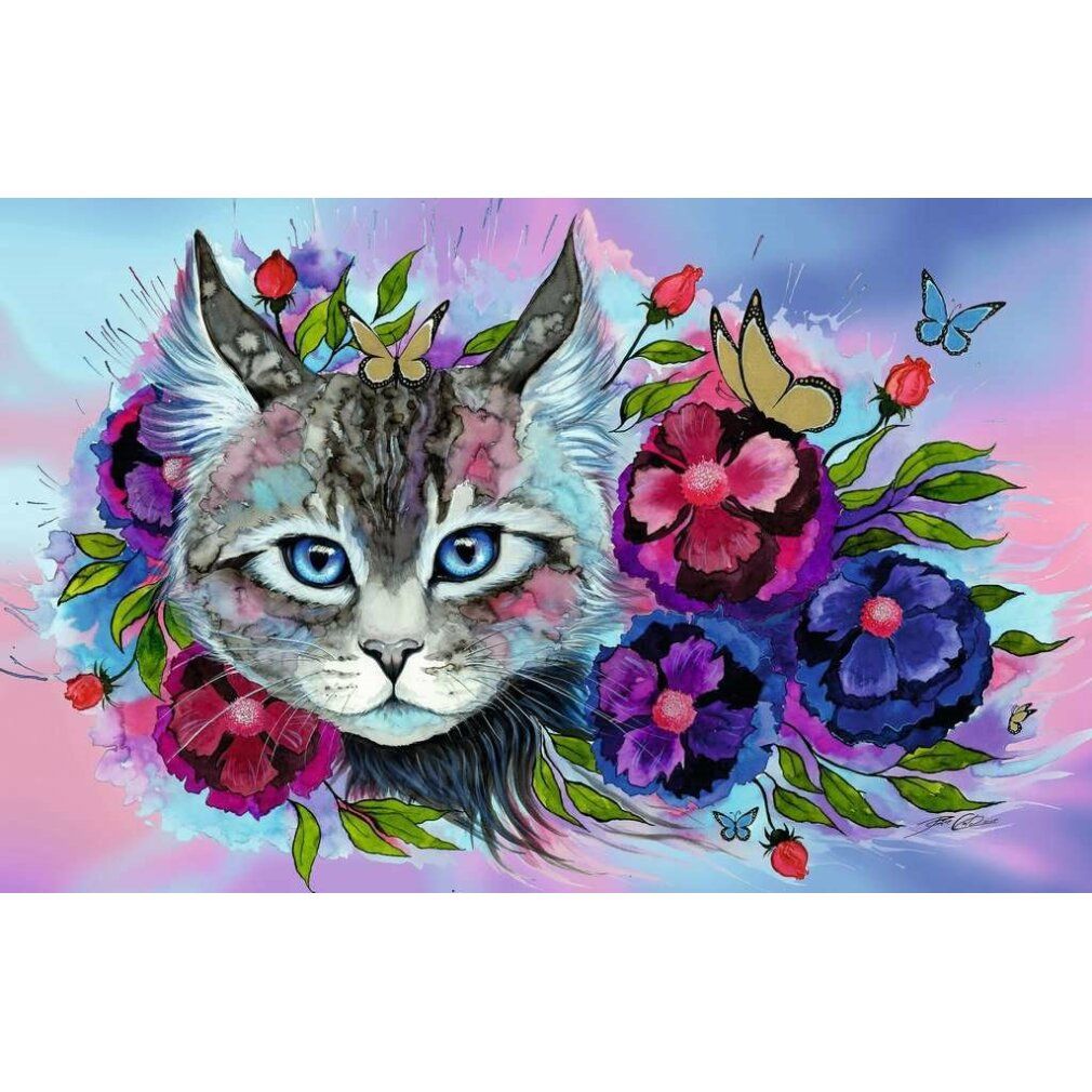 Puzzle gatto con fiori e farfalle. Gatto dagli occhi blu circondato da fiori. Sfondo pastello.