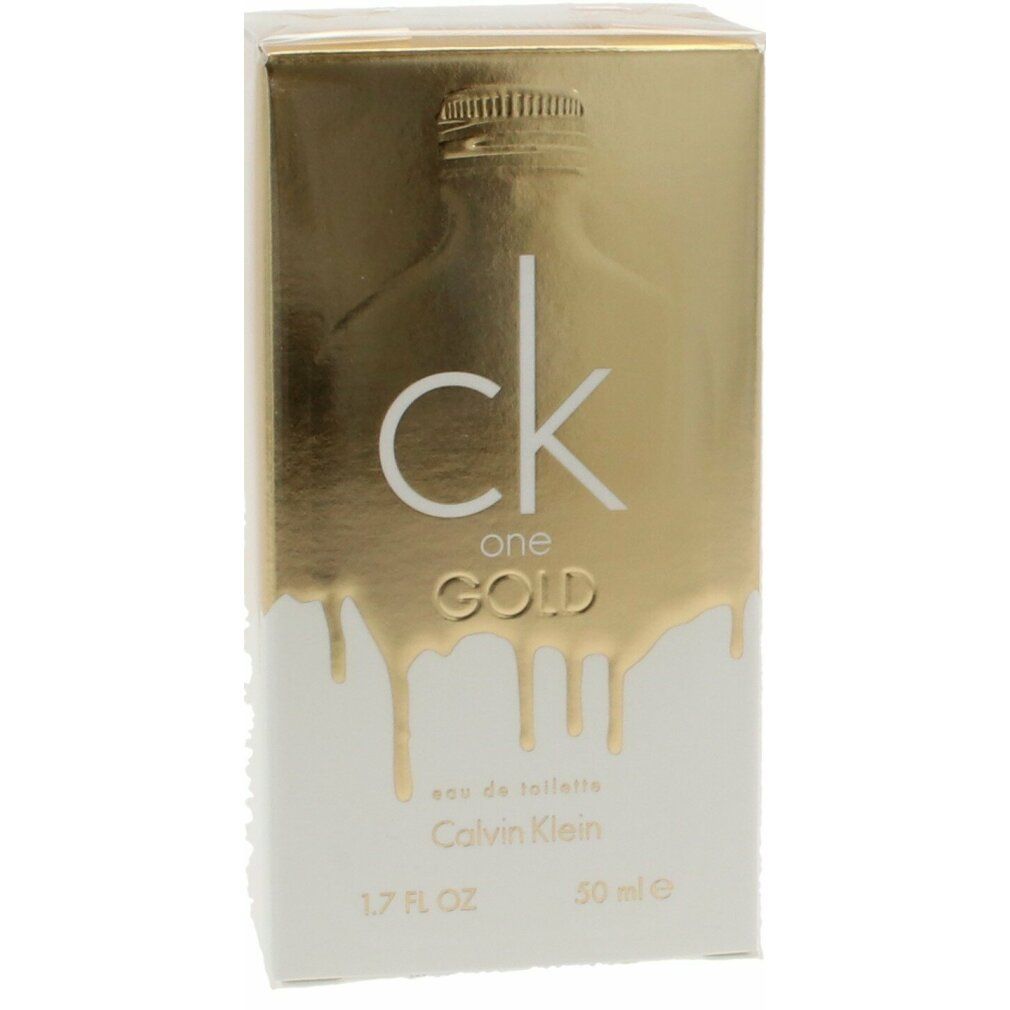 Confezione dorata con "ck one Gold". Flacone con "ck one" e "Calvin Klein". 1.7 FL OZ e 50 ml.