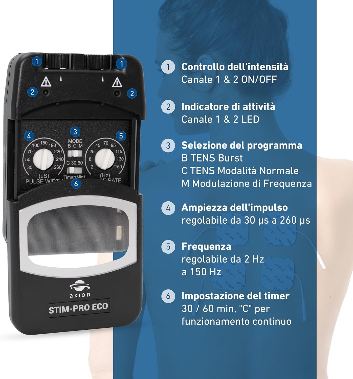 axion® Dispositivo TENS STIM-PRO Eco con batteria Li-Ion a blocco da 9V
