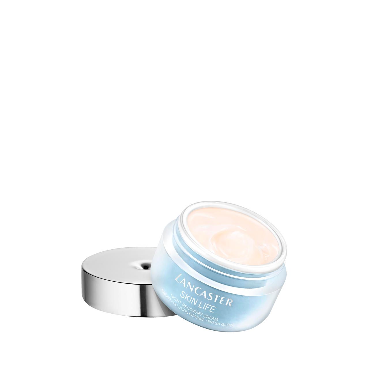 Vaso di crema con coperchio argentato, aperto. Scritta: Lancaster Skin Life Night Recovery Cream.