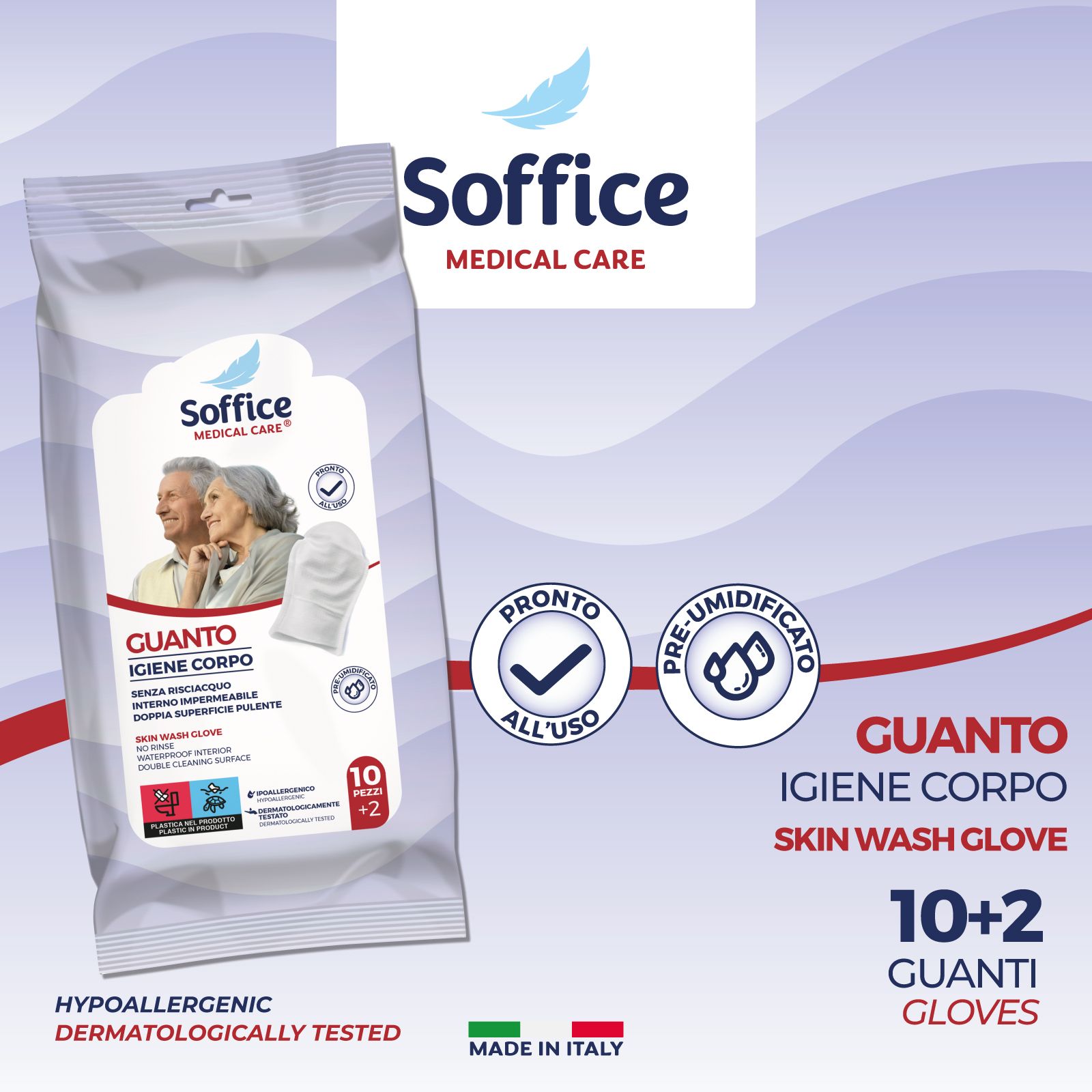 Confezione di guanti lavanti. Scritta: Soffice Medical Care, Guanto Igiene Corpo, 10+2 pezzi. Con logo e certificazioni.