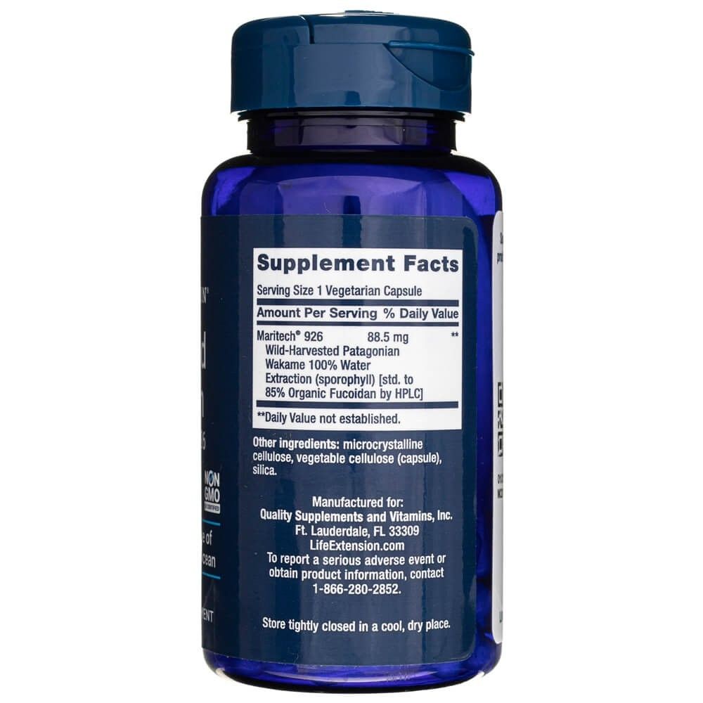 Retro del contenitore blu Life Extension Optimized Fucoidan. Mostra informazioni nutrizionali e ingredienti.