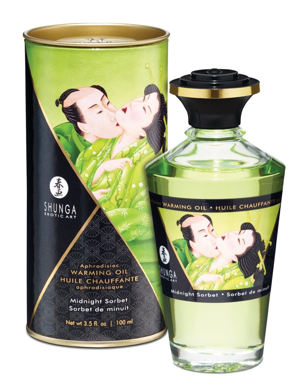Flacone e lattina di olio da massaggio Shunga, con motivo a bacio, gelato, menta e vaniglia.