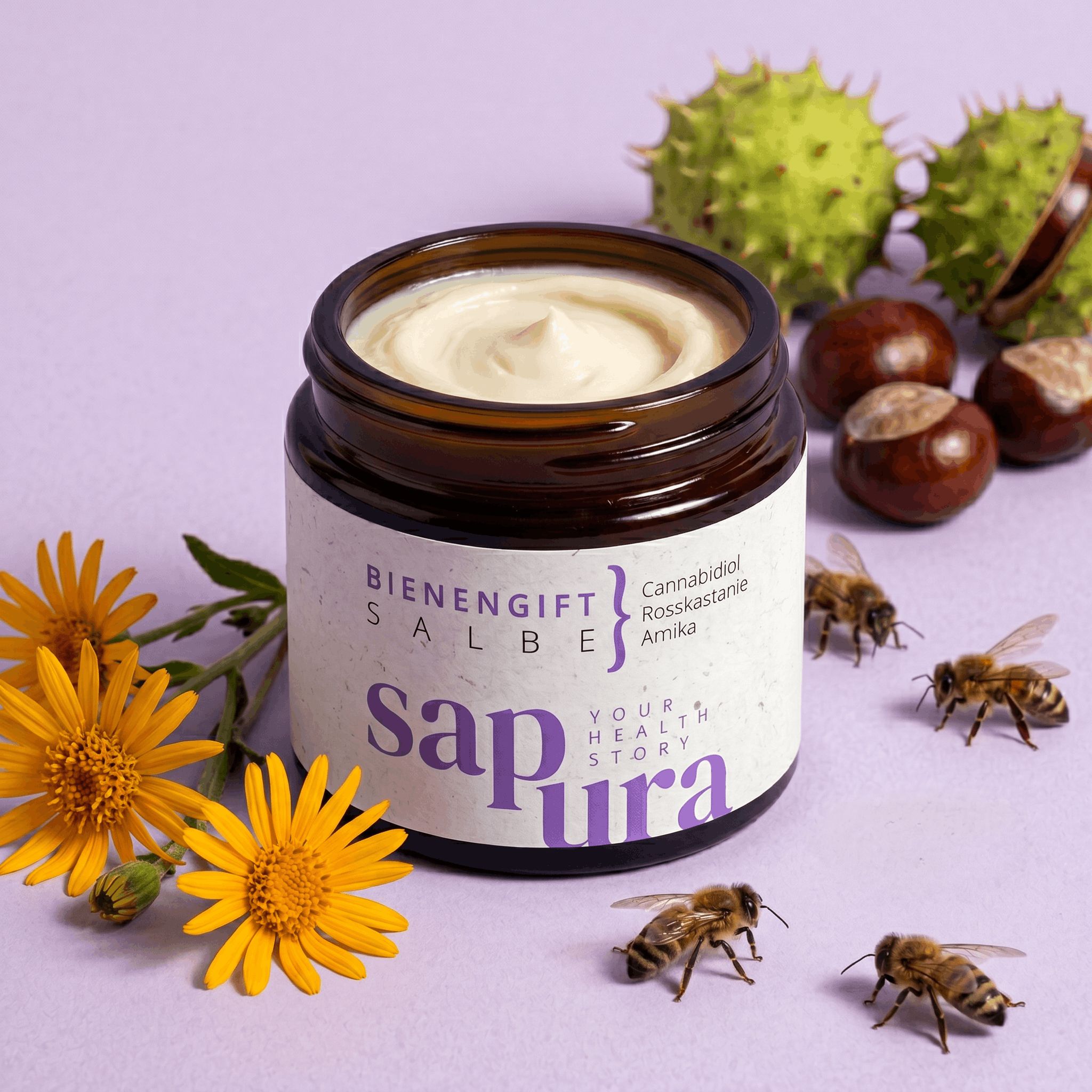 Vasetto di crema su sfondo viola con api, fiori e castagne.