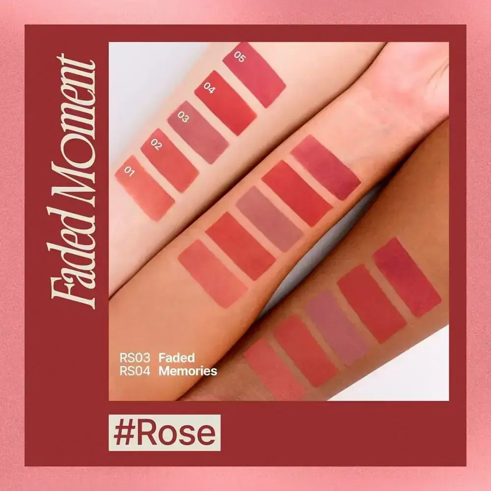 Braccia con campioni di colore. Testo: Faded Moment, RS03 Faded, RS04 Memories, #Rose.
