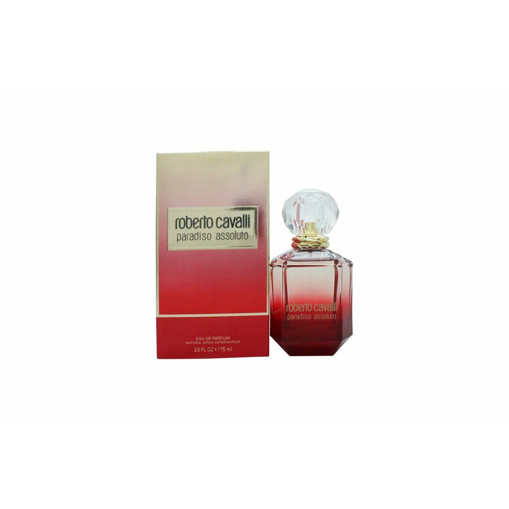 Flacone di profumo e confezione. Flacone ottagonale, rosso. Confezione rosso-oro. Scritta: Roberto Cavalli Paradiso Assoluto.