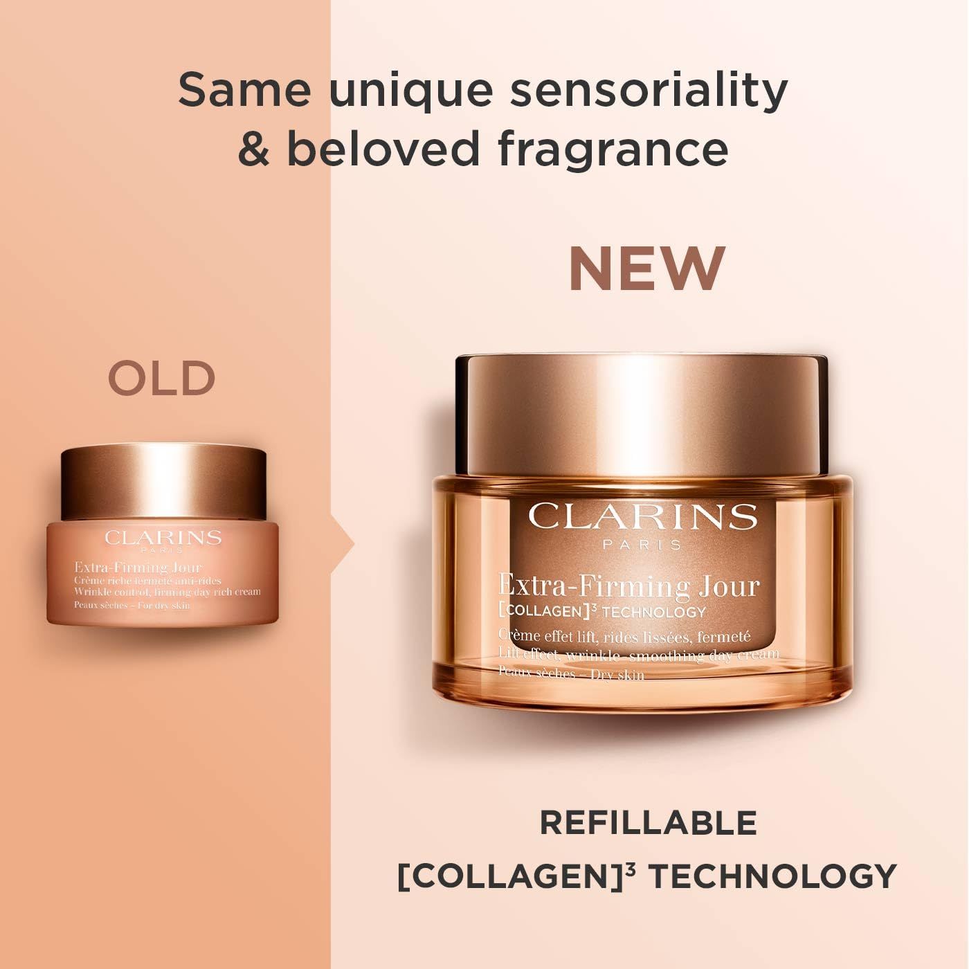 Confronto tra vecchie e nuove confezioni di crema. Testo: CLARINS Extra-Firming Jour.