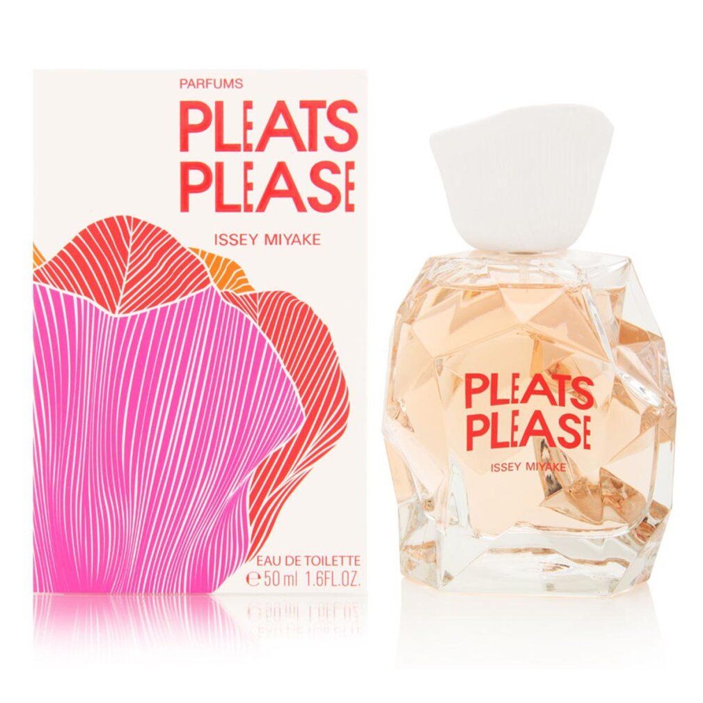 Flacone di profumo e confezione. Scritta: Pleats Please Issey Miyake. Confezione con motivo rosa.