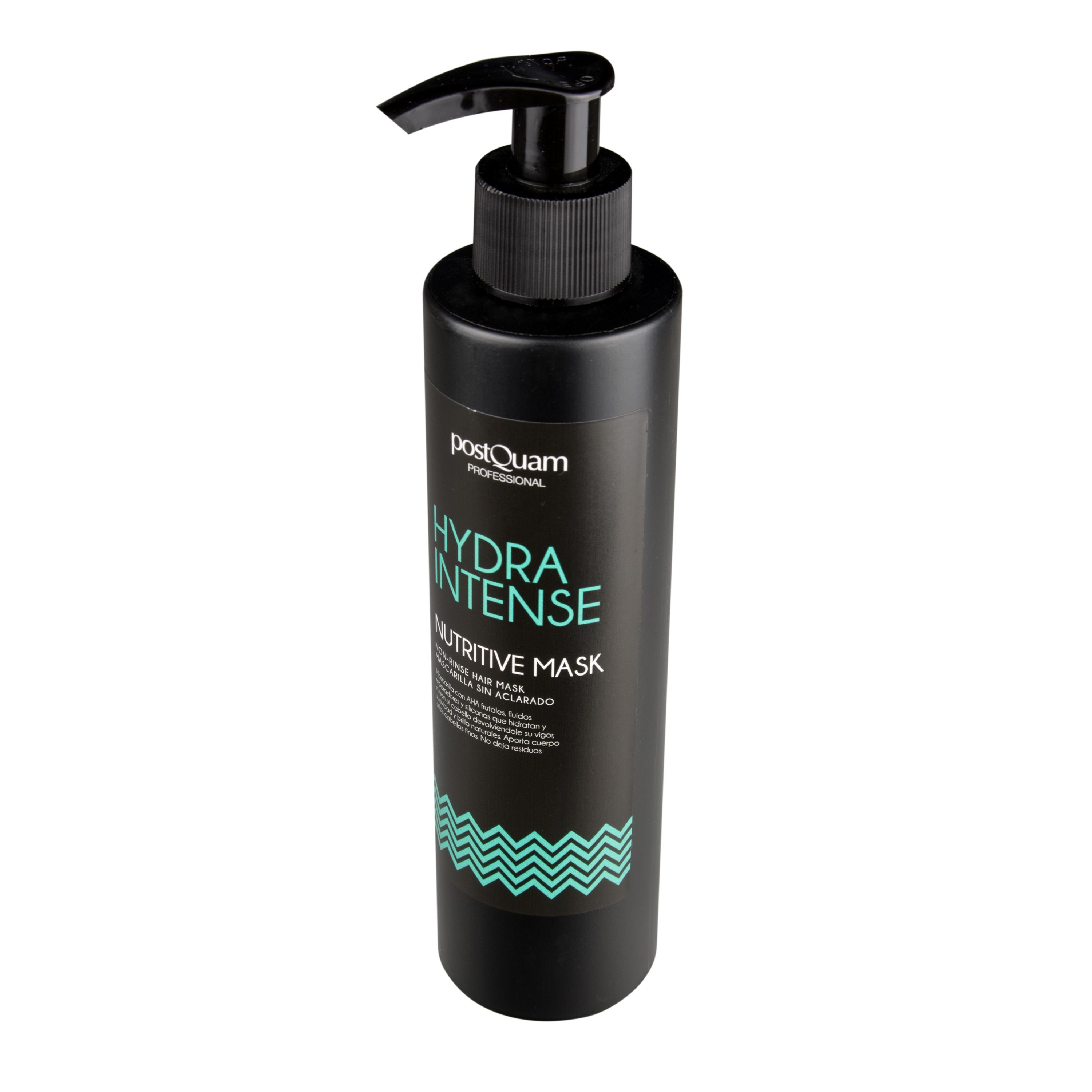 Flacone nero con dosatore. Scritta: Hydra Intense Nutritive Mask. Motivo a zig-zag turchese. Marchio: postQuam Professional.