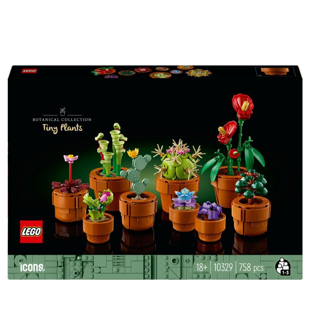 Set LEGO Icons. Scatola nera con piante in vaso. Scritta "Botanical Collection Tiny Plants". Logo LEGO. Età consigliata 18+.