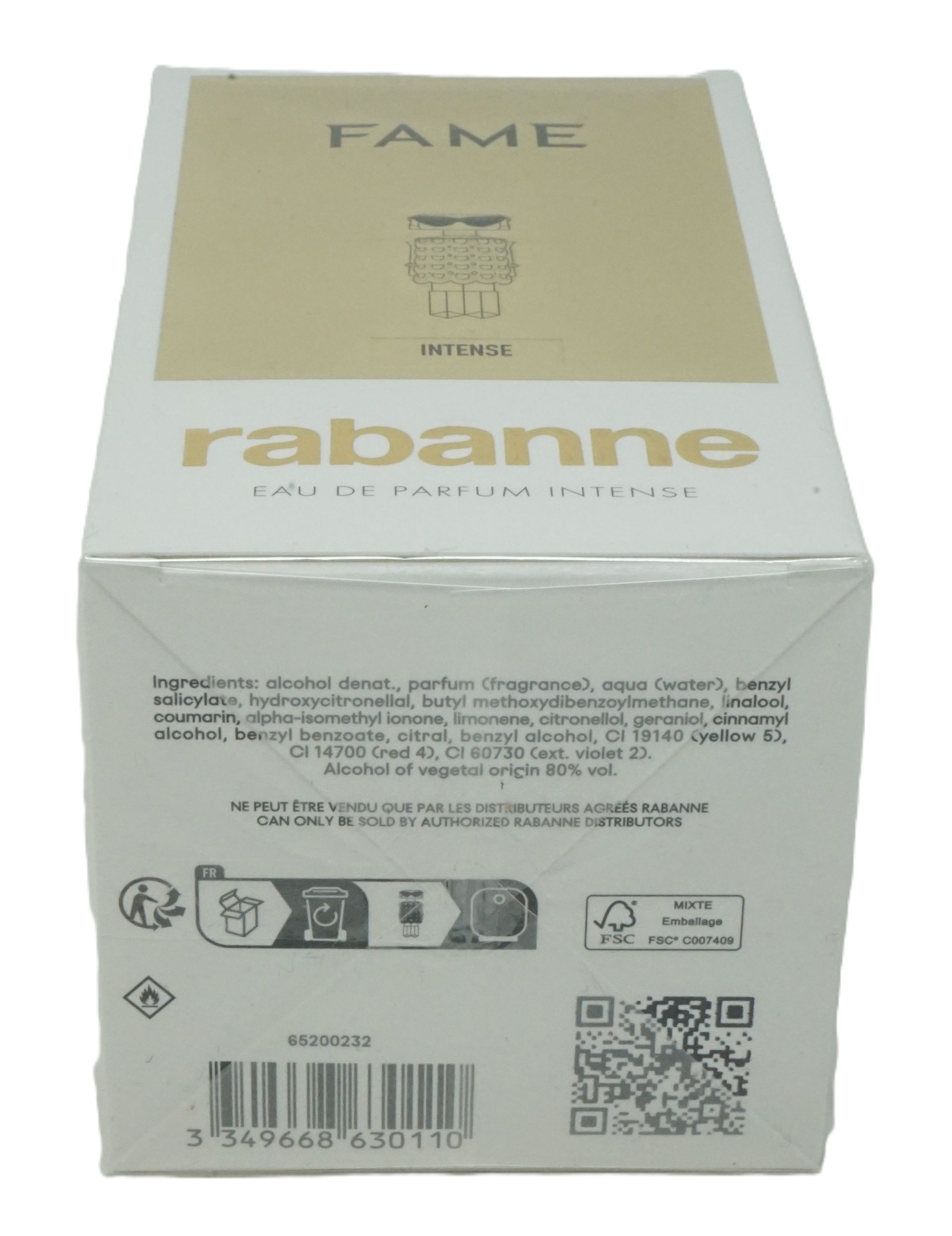 Retro della confezione con ingredienti, simboli e codice QR. Testo: "rabanne", "EAU DE PARFUM INTENSE".