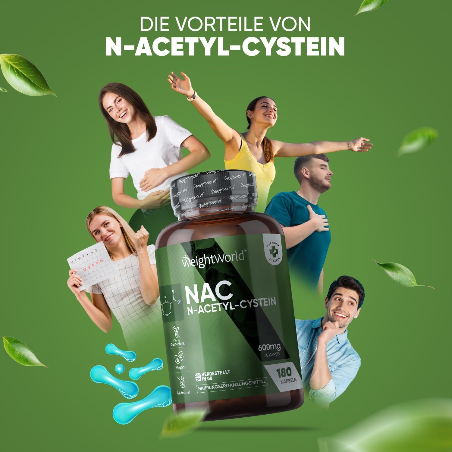 Flacone davanti a sfondo verde con persone. Scritta: WeightWorld, NAC N-Acetilcisteina. Persone felici. Foglie sullo sfondo.
