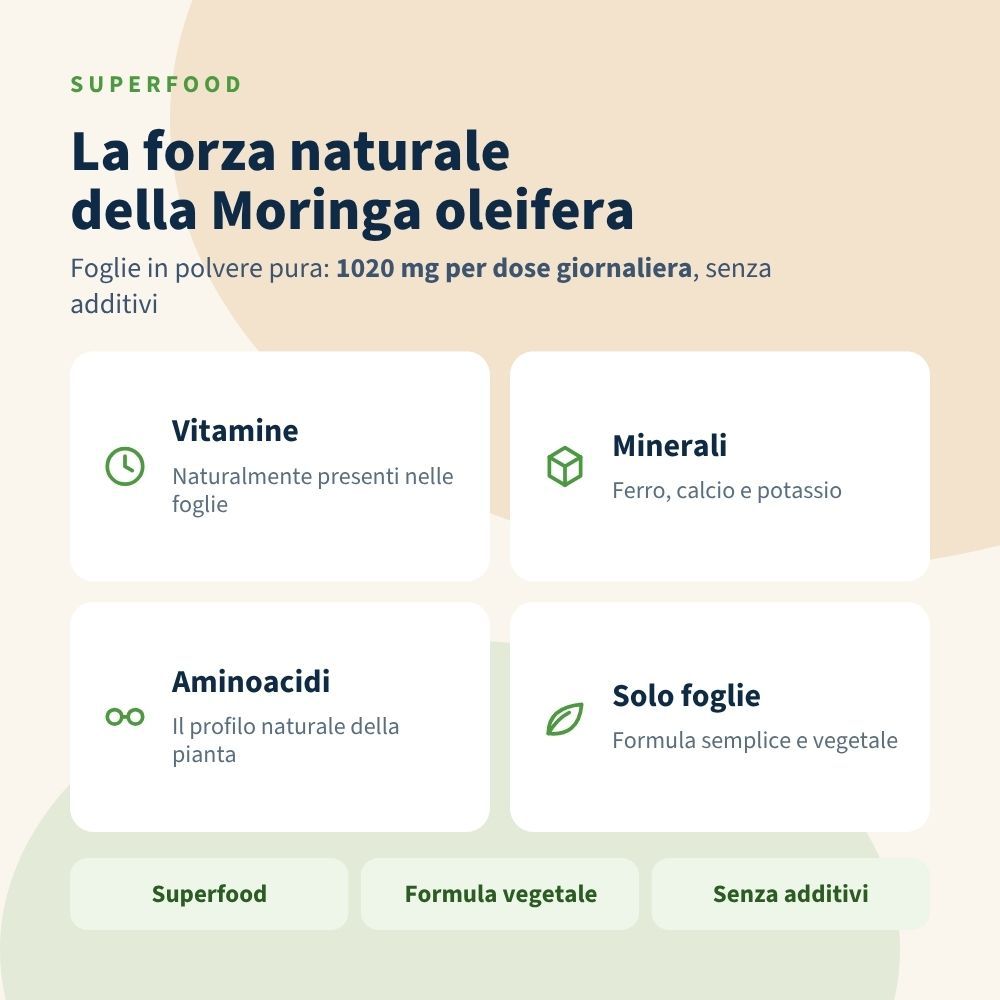 La forza naturale della Moringa oleifera: foglie in polvere, 1020 mg al giorno, ricca di vitamine, minerali, aminoacidi.