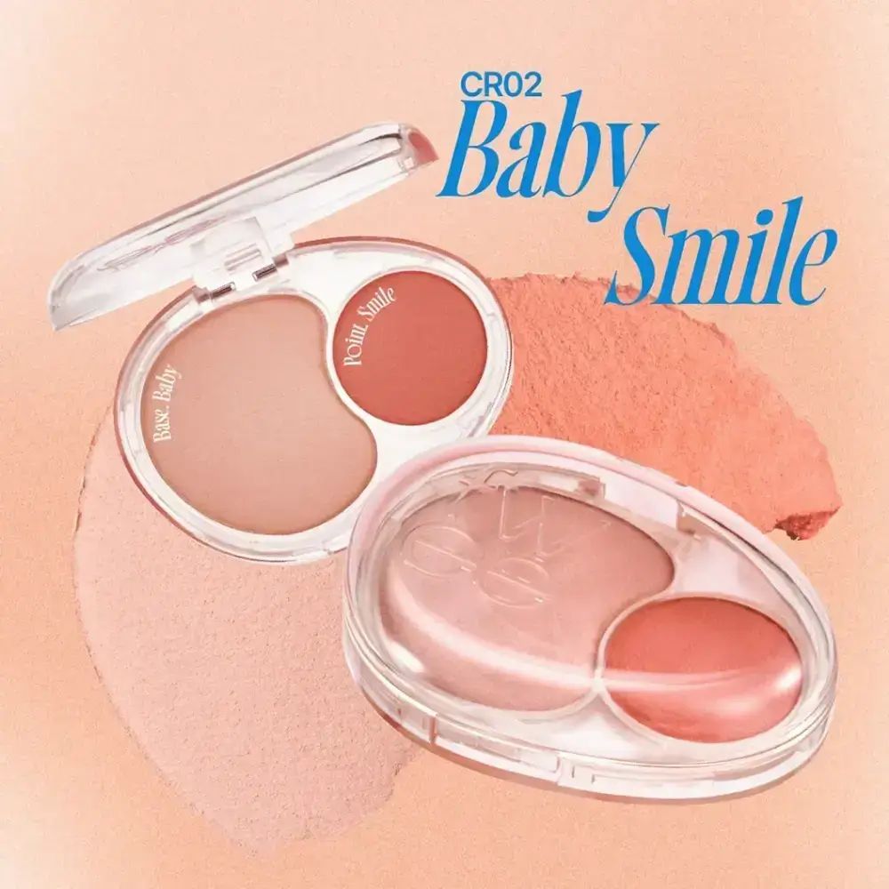 Due FWEE Mellow Dual Blusher CR02 Baby Smile. Fard in due colori in confezione ovale trasparente, uno aperto e uno chiuso.