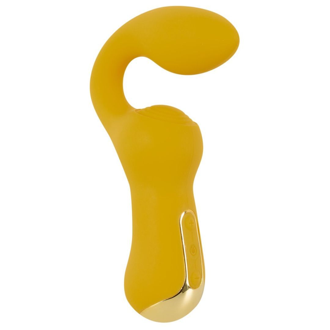 Vibratore giallo dalla forma curva con accento dorato.