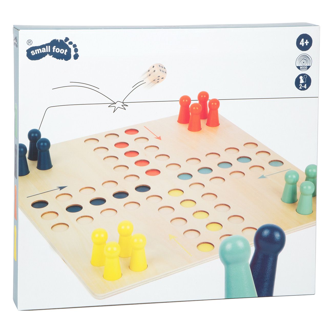 Confezione di Smallfoot Ludo XL. Tabellone con pedine e dado. Età consigliata: 4+. Logo e nome del prodotto.