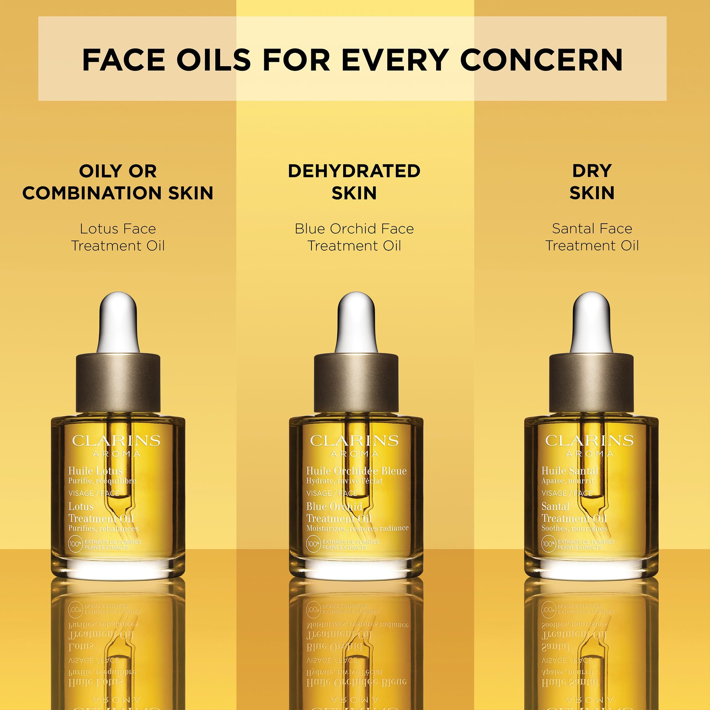 Tre oli Clarins per il viso. Lotus per pelli miste, Blue Orchid per pelli disidratate, Santal per pelli secche.