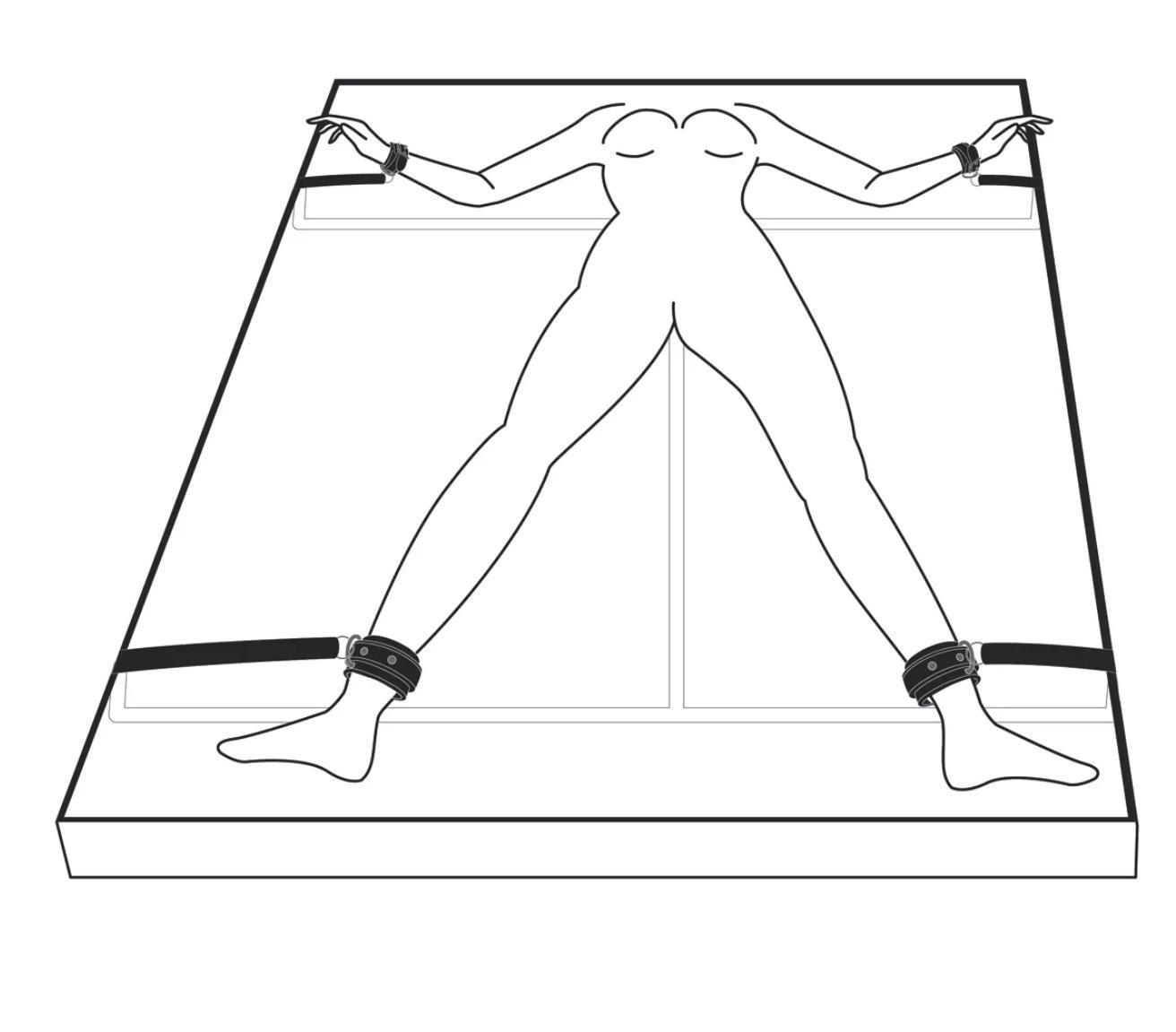 Disegno di una persona su un letto, ammanettata a mani e piedi. Manette nere.