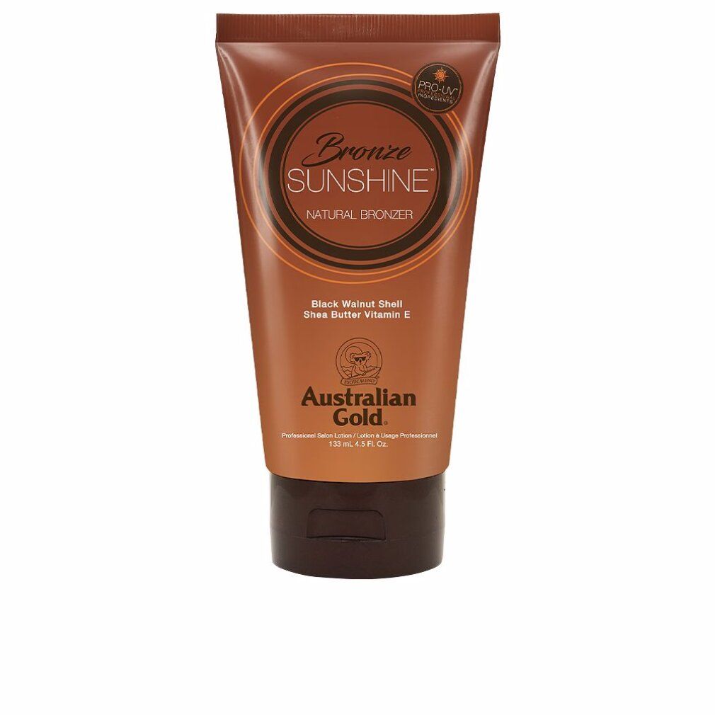Tubo marrone di Bronze Sunshine Natural Bronzer. Contiene: Black Walnut Shell, Shea Butter, Vitamina E. Marchio: Australian Gold. Sigillo Pro-UV.