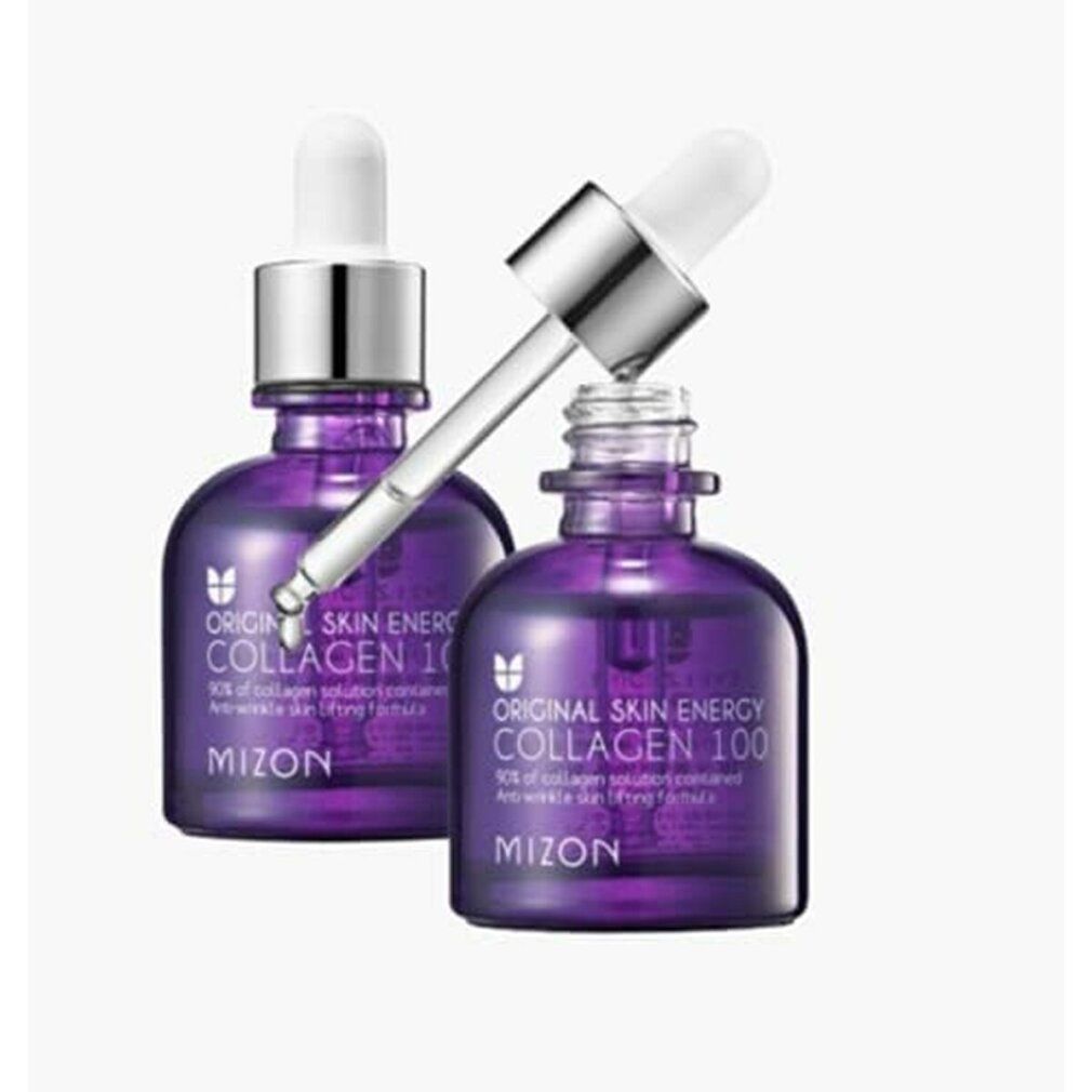 Due flaconi viola con pipette. Scritta: Original Skin Energy Collagen 100, Mizon. Pipetta sopra un flacone.