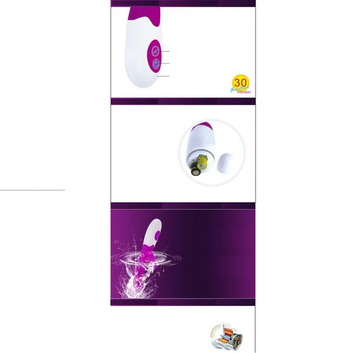 Immagini multiple. Vibratore, batterie, pulsanti. Testo: 30 modalità di vibrazione, batterie.