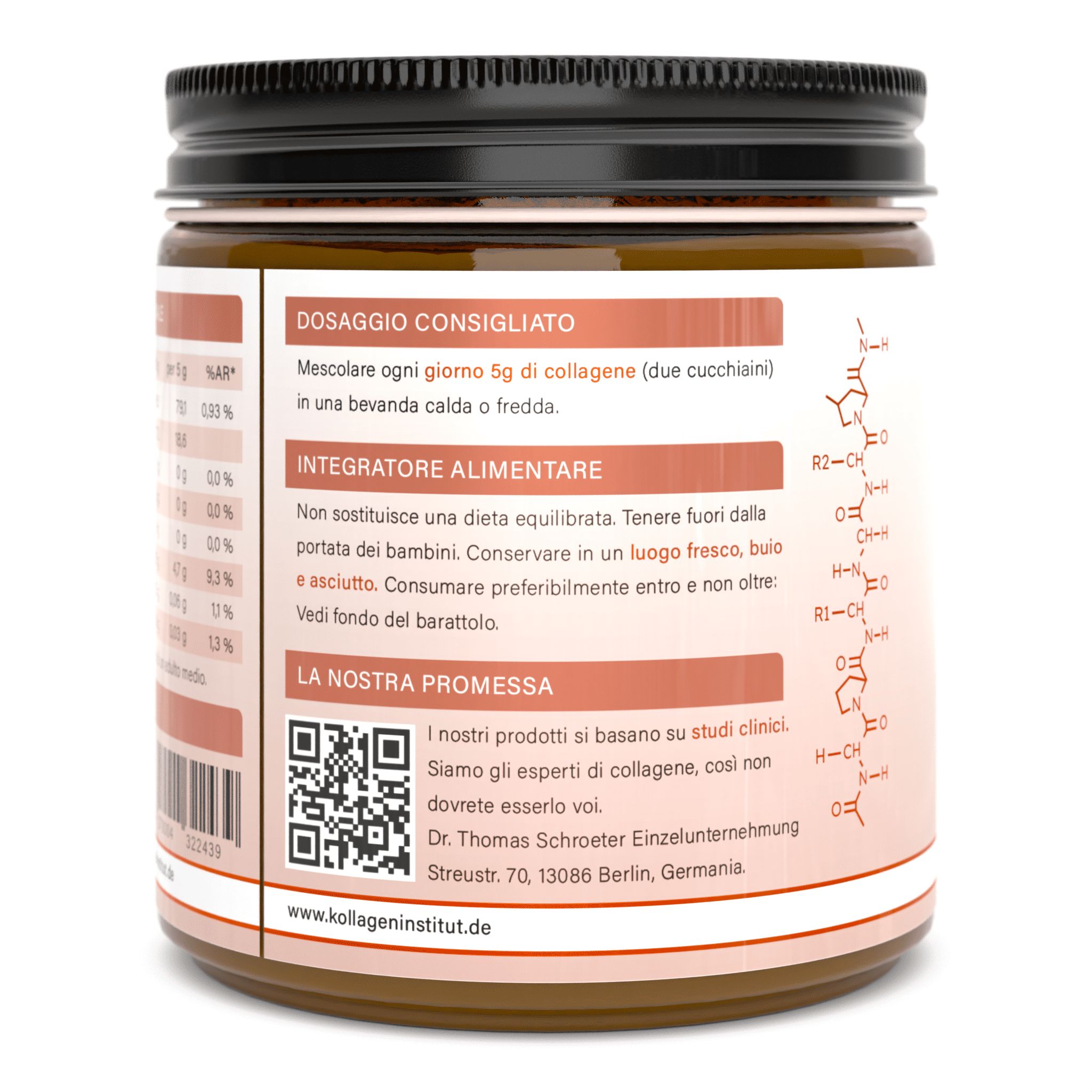 Retro del contenitore Kollagen Institut. Testo: Dosaggio, integratore alimentare, codice QR, informazioni di contatto.