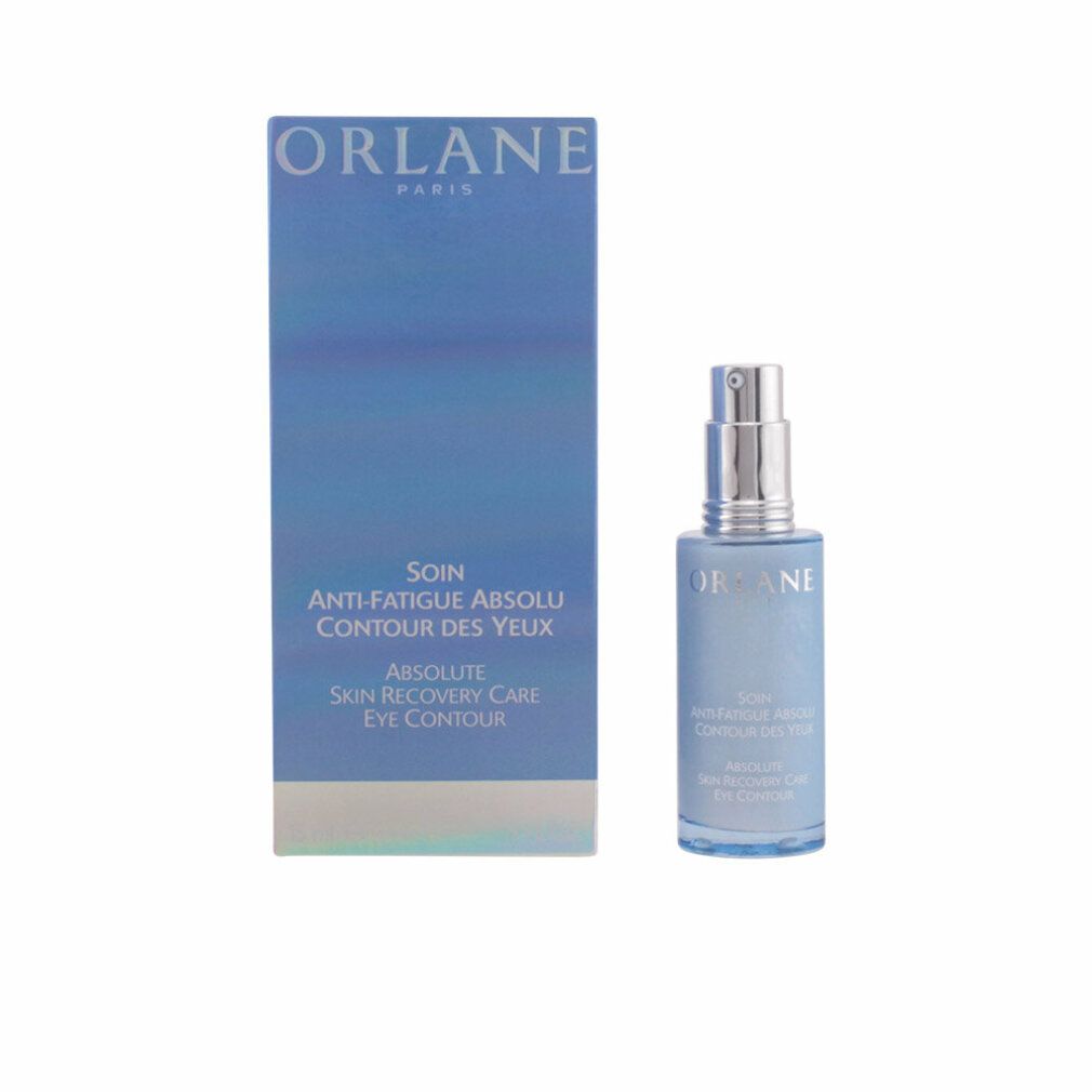 Flacone blu con vaporizzatore argentato e confezione. Scritta: ORLANE PARIS, Anti-Fatigue Absolu Contour des Yeux.