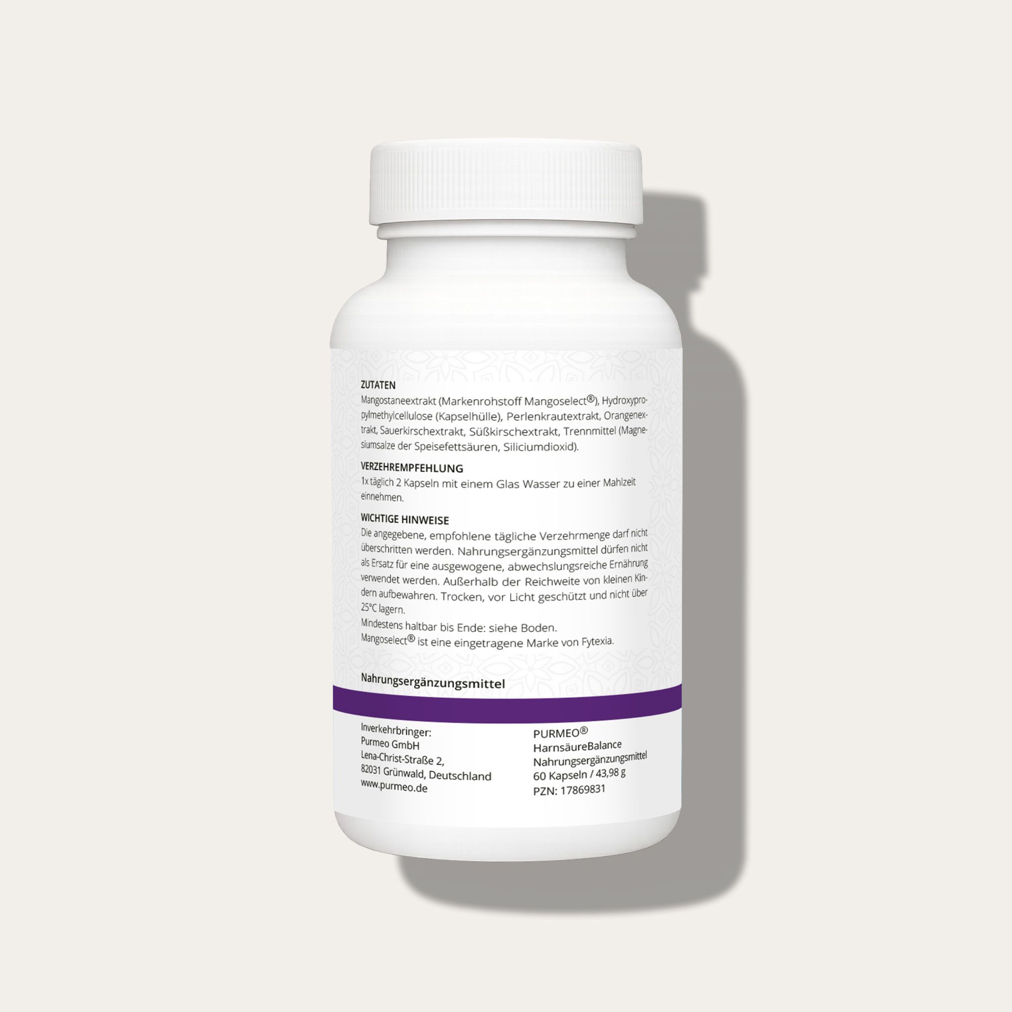 Flacone bianco con etichetta viola. Contiene ingredienti e istruzioni per l'uso. Prodotto in Germania.