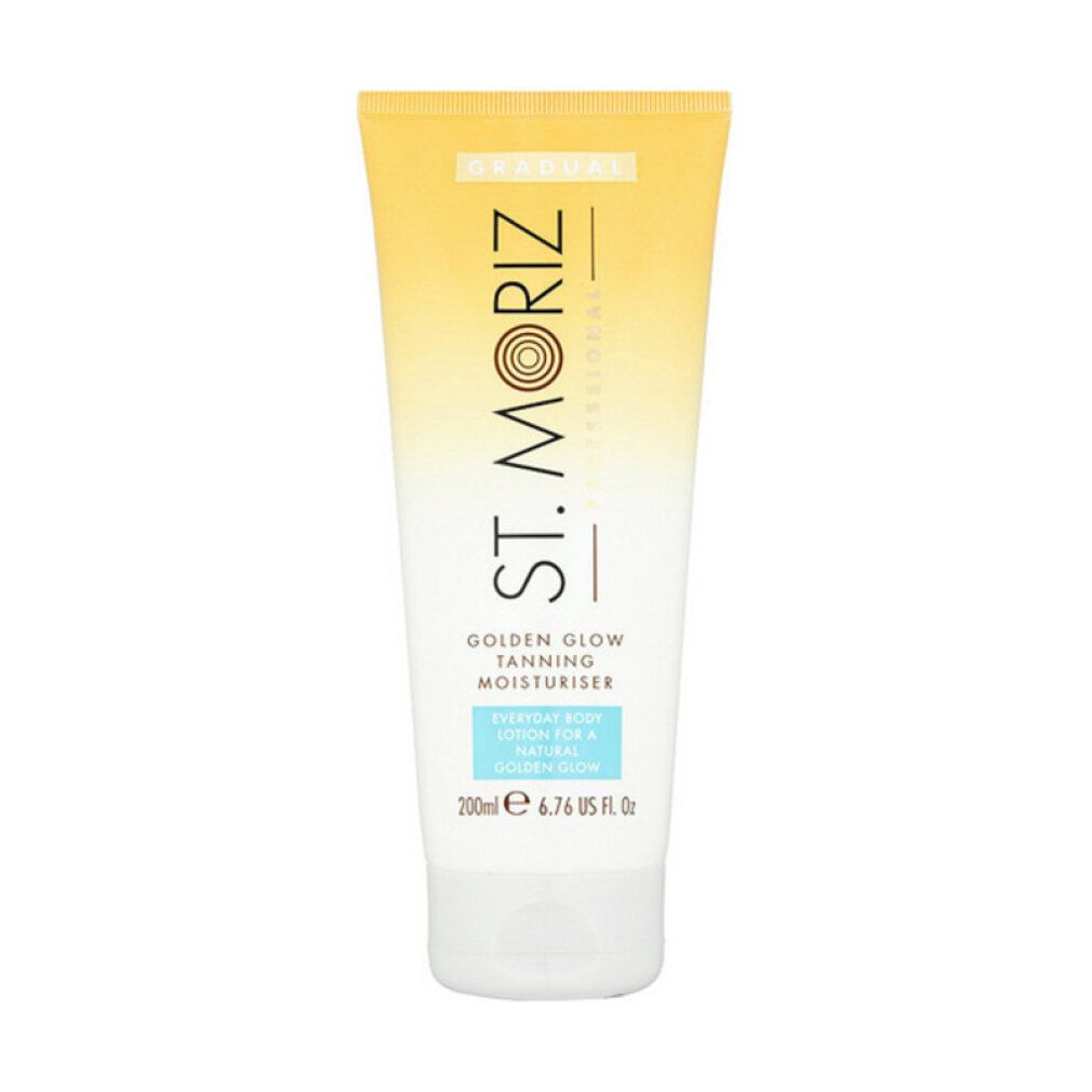 Tubo di St. Moriz Golden Glow Tanning Moisturiser. Sfumatura giallo-bianca, nome del prodotto e dettagli. 200ml.