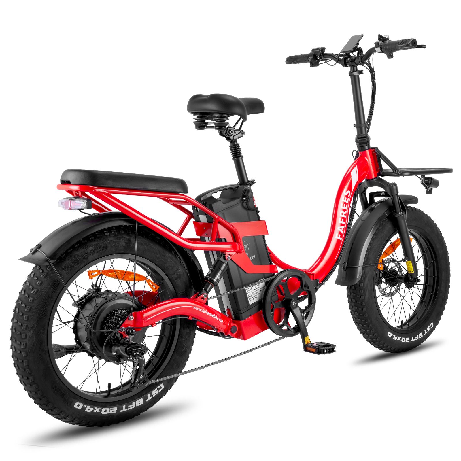 Bicicletta elettrica Fafrees F20 X-Max rossa. Pneumatici neri, portapacchi, parafanghi. Batteria sul telaio. Manubrio con display.