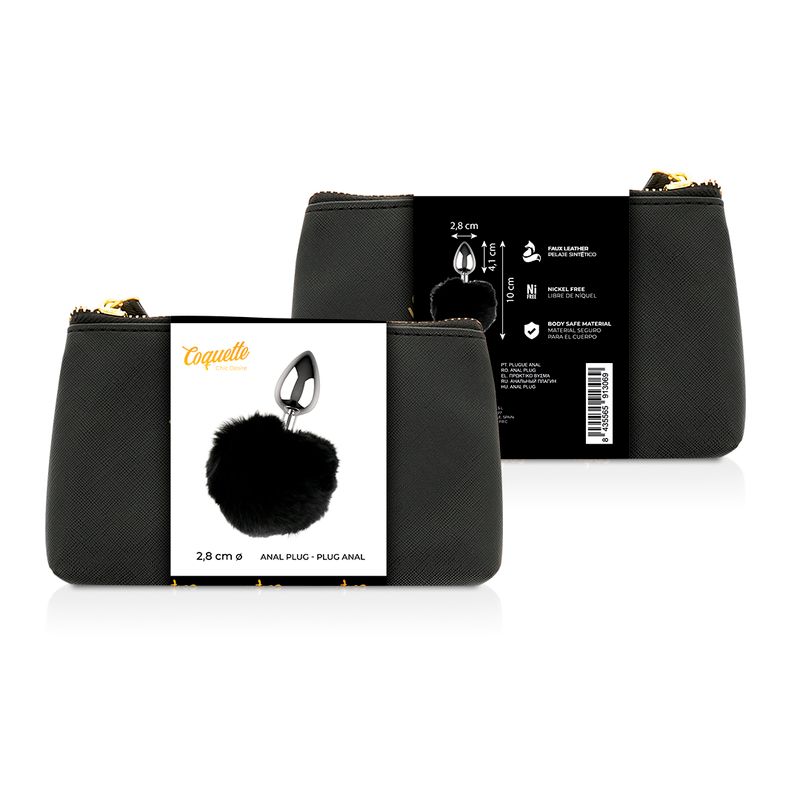 Plug anale in metallo con pompon nero. Confezionato in un astuccio nero con zip. Marchio Coquette.
