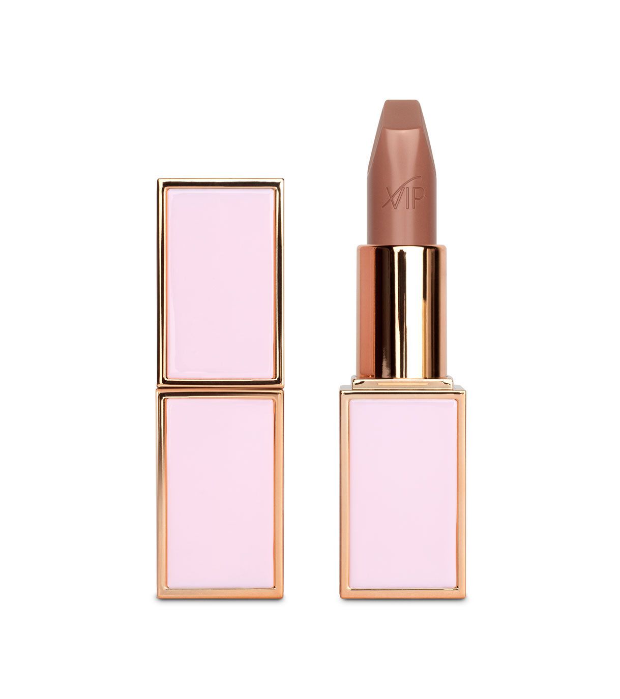Un rossetto opaco color carne con astuccio dorato e tappo rosa pallido.