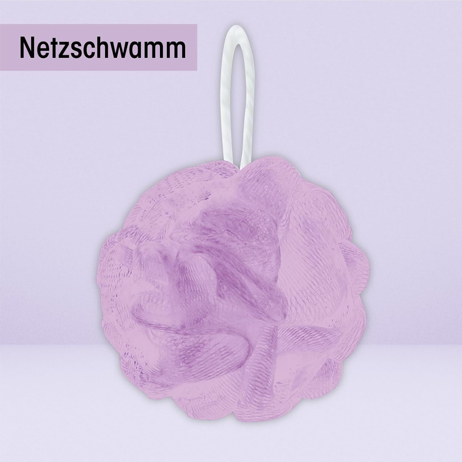 Spugna da bagno viola con anello per appenderla. Forma rotonda, a maglie larghe.