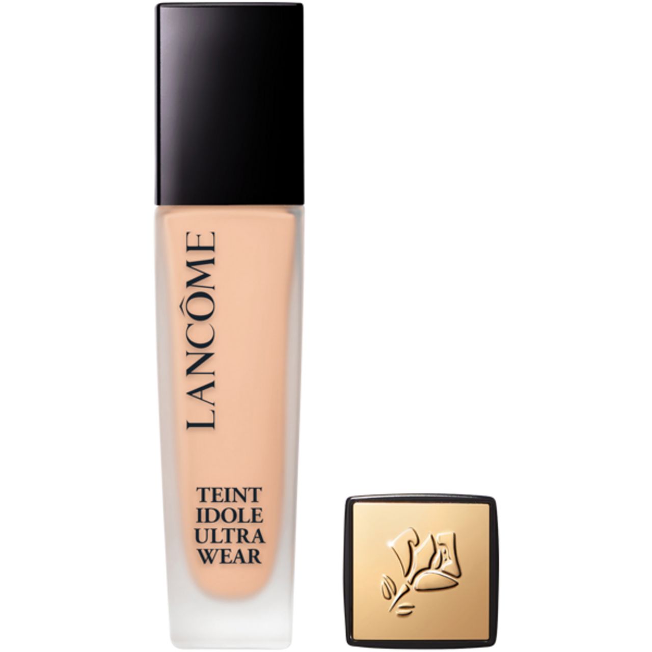 Lancôme Teint Idole Ultra Wear. Flacone e tappo. Scritte: 'Lancôme', 'Teint Idole Ultra Wear'.
