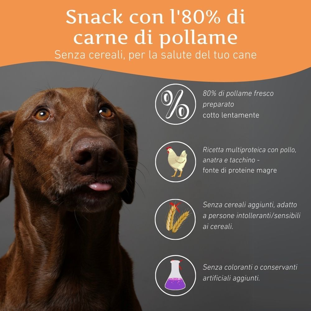 Cane con lingua. Testo: 80% pollame, senza cereali, per la salute del tuo cane. Icone: pollo, spiga di grano, provetta.