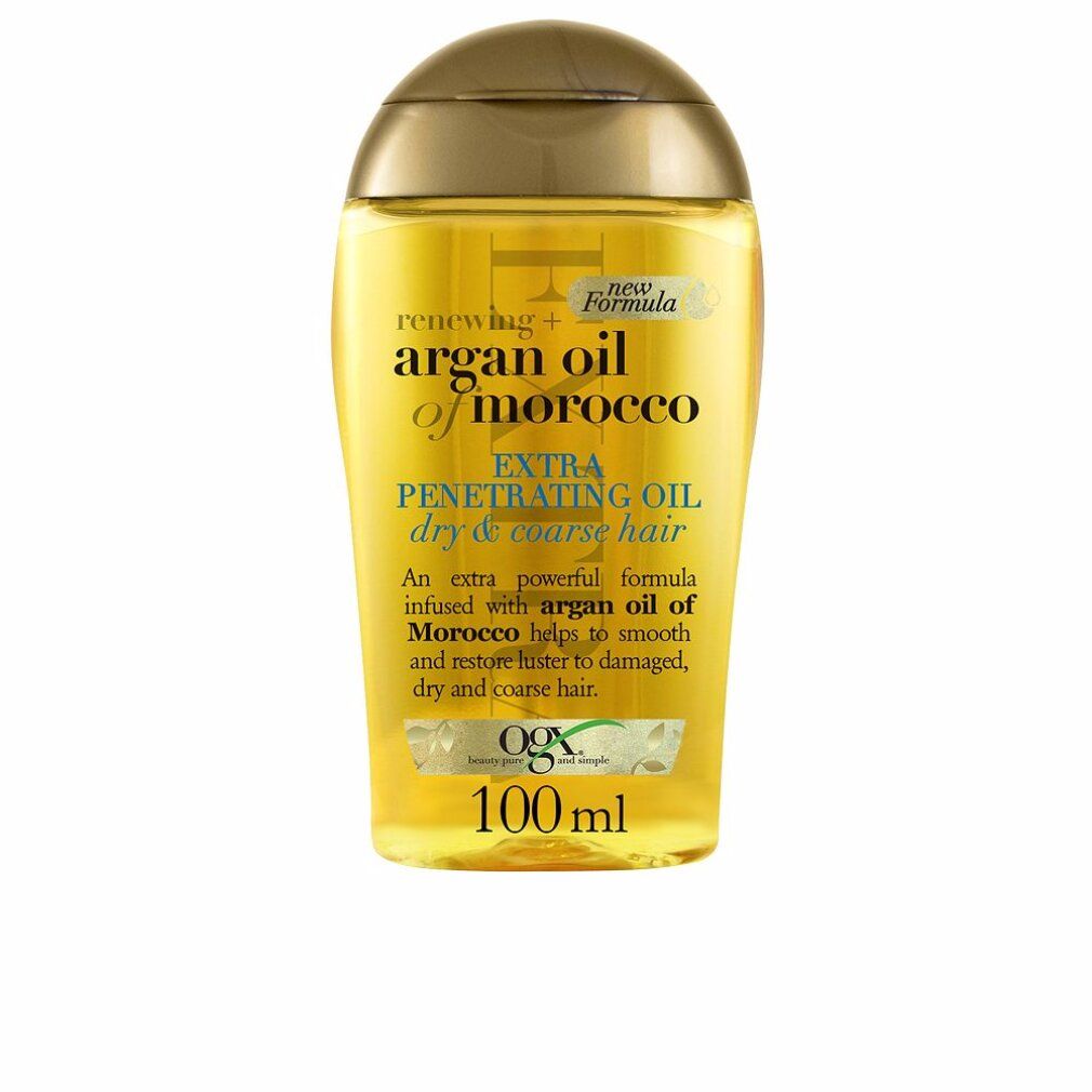 Flacone di olio per capelli. Scritta: Argan Oil of Morocco. Extra Penetrating Oil. Per capelli secchi e grossi. 100 ml.