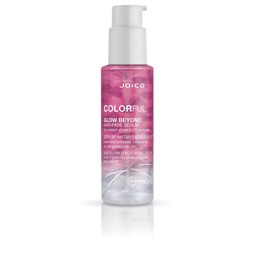 Siero Joico Colorful Glow Beyond. Flacone con dosatore, liquido rosa. Testo: Joico, Colorful, Glow Beyond, Siero Anti-Sbiadimento.