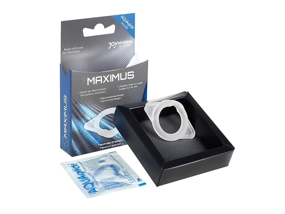 Anello Joydivision MAXIMUS, taglia M, estratto dalla confezione. Include campione di lubrificante.