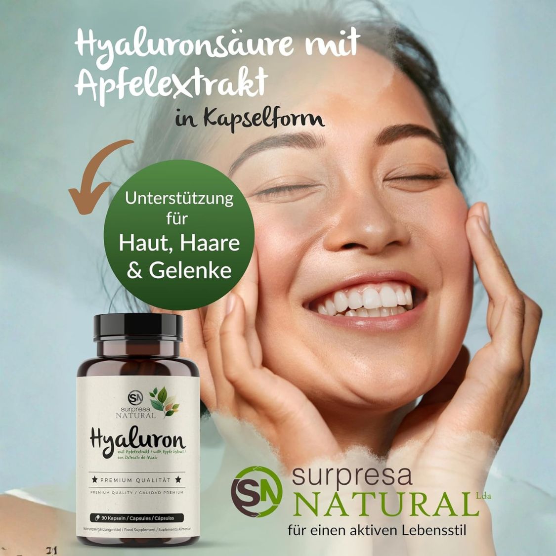 Flacone di capsule Surpresa Natural Hyaluron accanto a donna sorridente. Per pelle, capelli e articolazioni.