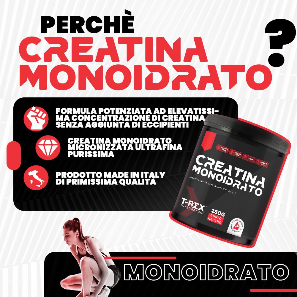 Immagine pubblicitaria con barattolo 'Creatina Monoidrato'. Donna che si allena. Testo: 'Creatina Monoidrato', 'Made in Italy', '250g'.
