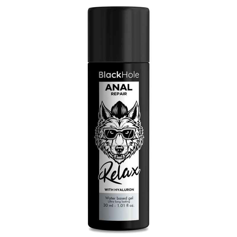 Flacone nero con scritta "BlackHole ANAL REPAIR" e logo testa di lupo. Contiene 30 ml.